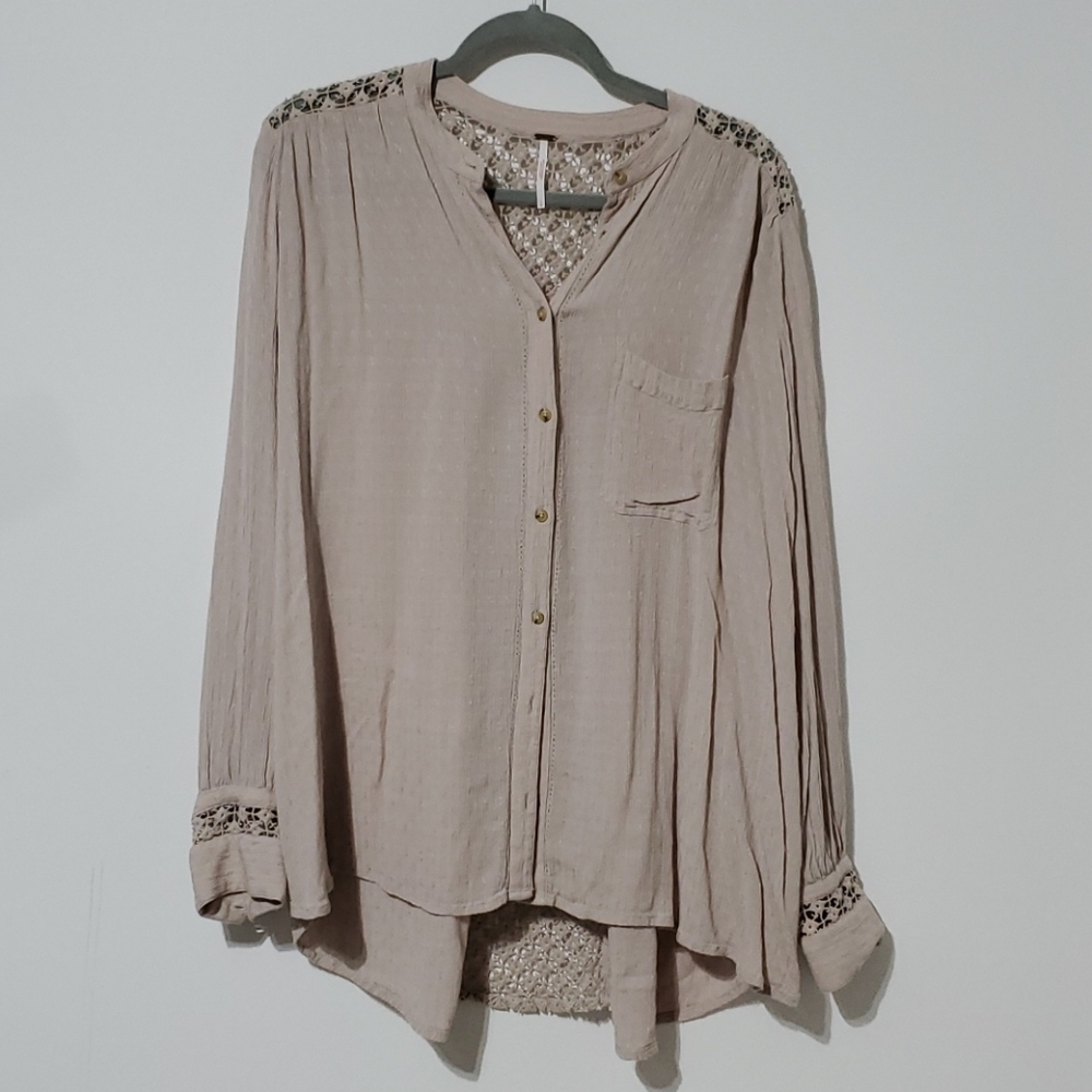 Free People The Best Blouse Beige Gauze Crochet Lace Back Button Down Size L